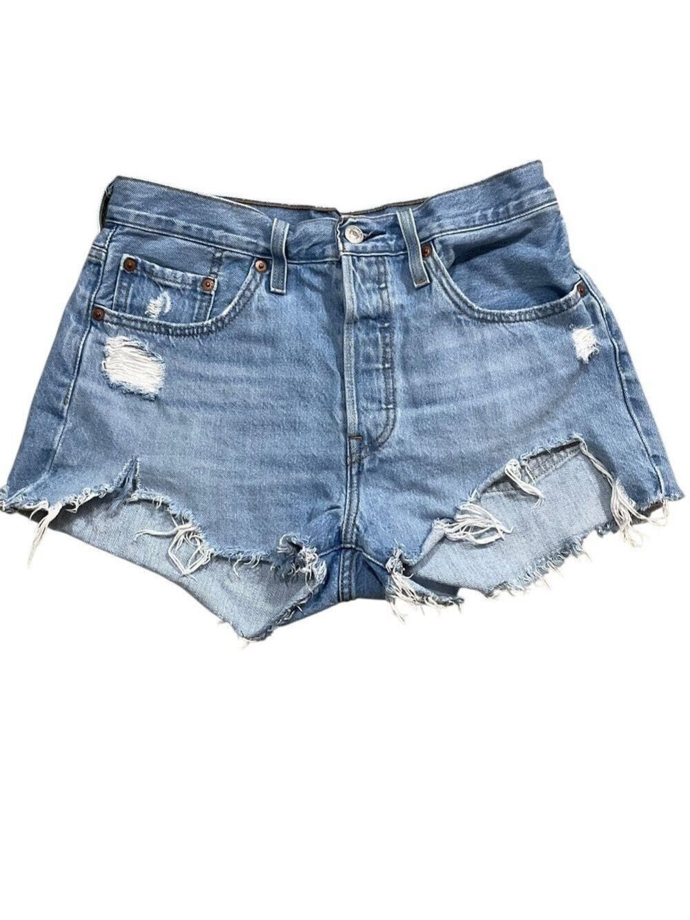Levi’s 501 High Rise Distressed Denim Shorts size 28 Button Fly Blue
